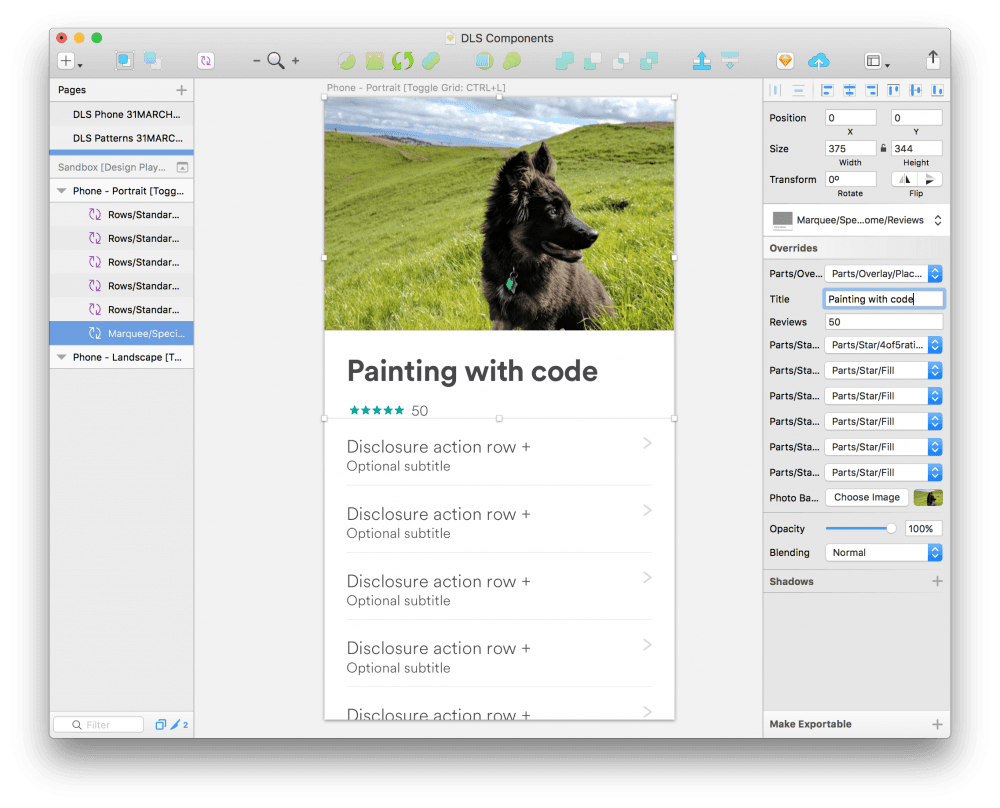 A screenshot of a Sketch file in which the designer is using Airbnb's Design Language System symbols